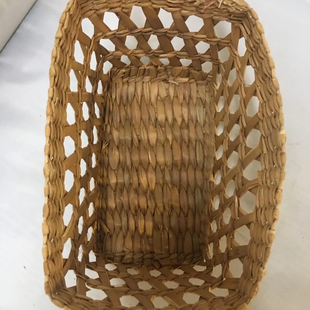Woven Straw Basket Small Tan Faux Leather Handle Lattice Design Rectangle